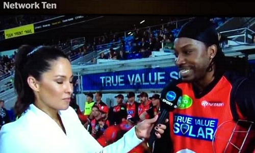 Chris Gayle criticised after asking presenter Mel McLaughlin for a drink on live TV and saying ‘Don’t blush, baby’