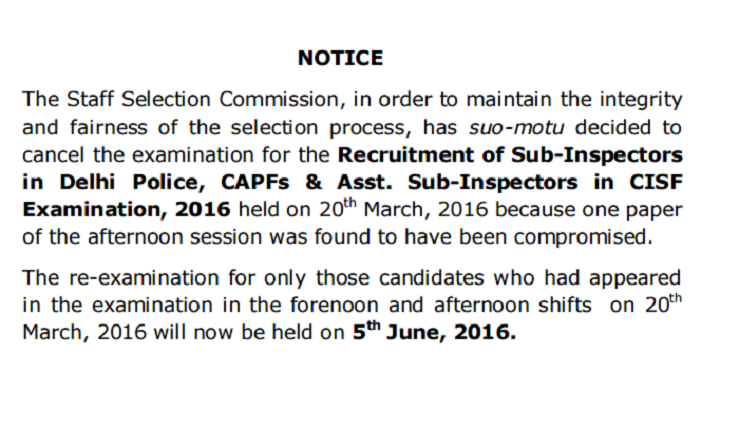 SSC CPO SI ASI Exam Cancelled For 20th March 2016 Afternoon Session| Check Notification Here