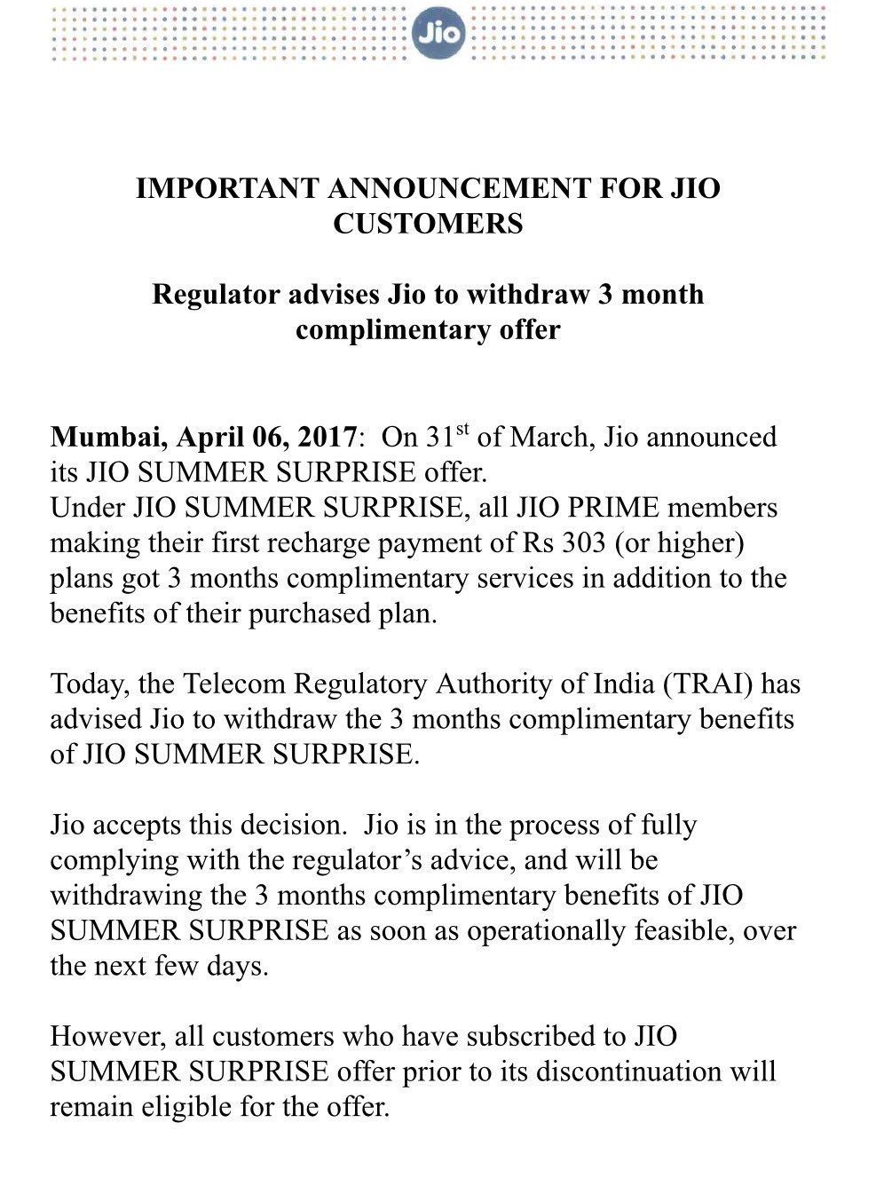 Jio Withdraws Summer Surprise Offer