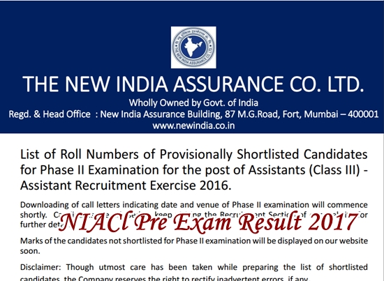 NIACL Assistant Pre Result 2017