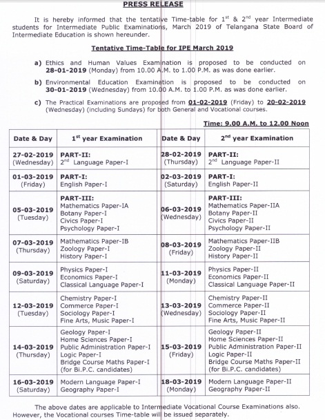 ts inter time table 2019